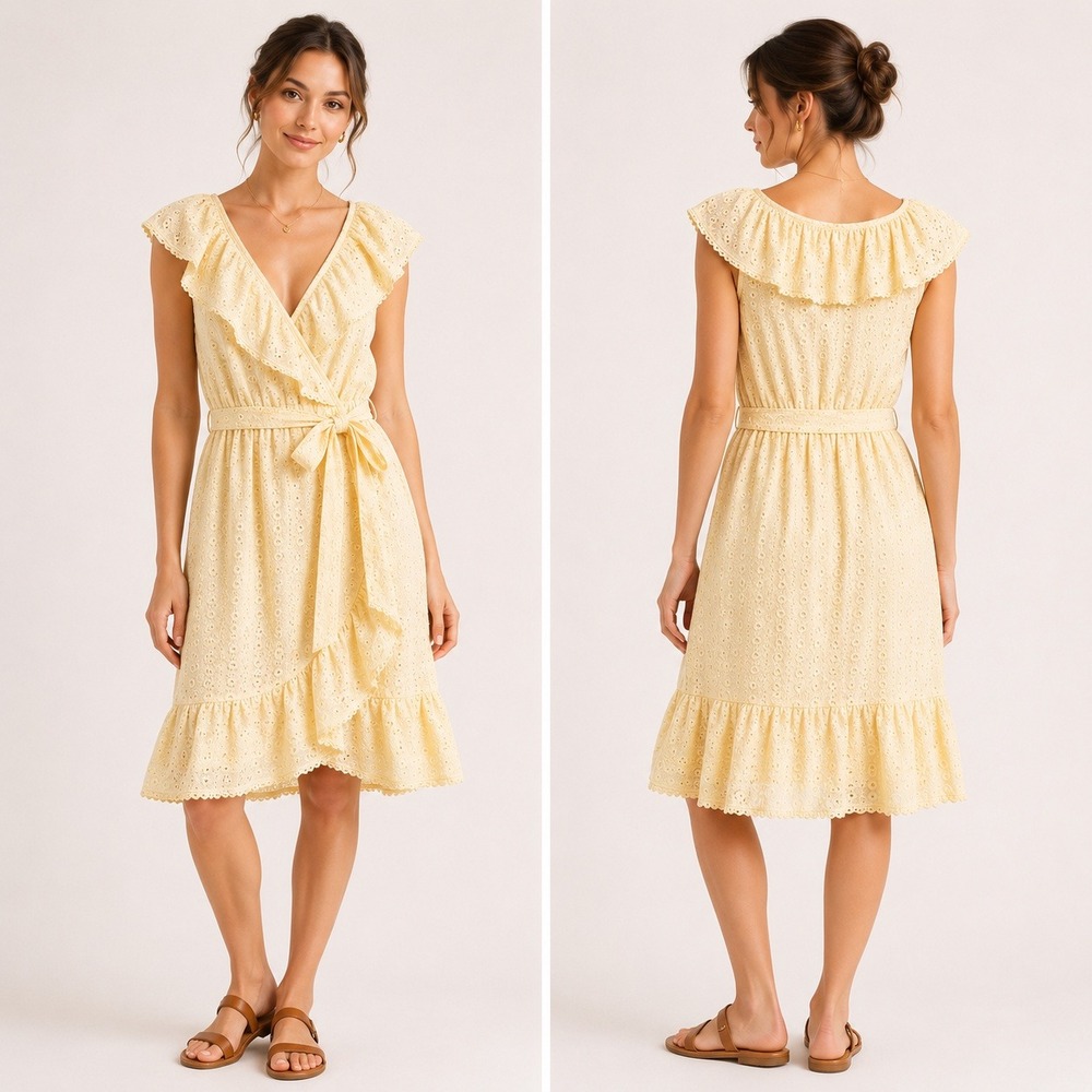 LC Lauren Conrad Yellow Eyelet Ruffle Wrap Dress Sleeveless Tie Waist Small